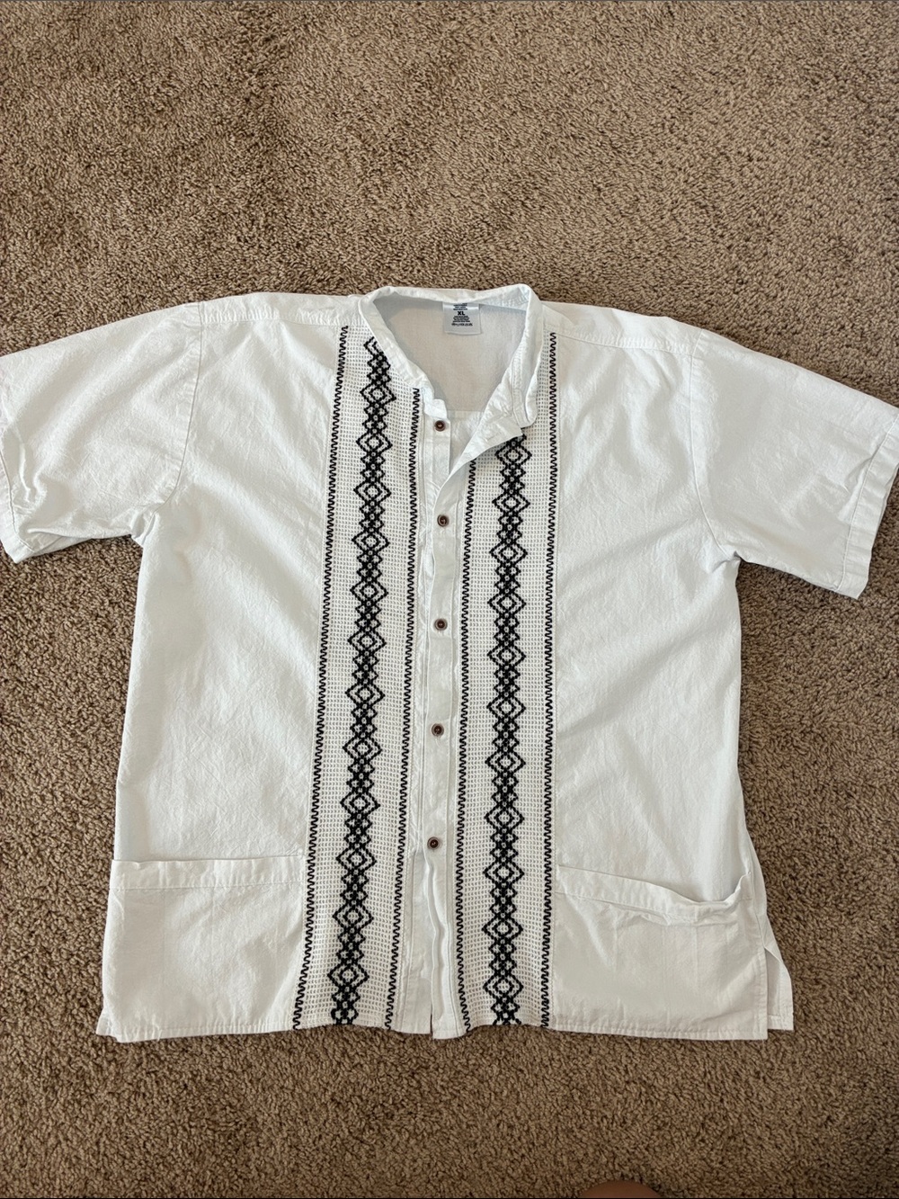 Disney’s White Short-Sleeve Guayabera Shirt with Black Embroidery
